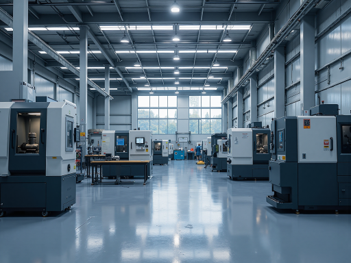 Professional manufacturing facility exterior view with modern building architecture and company signage, daytime photography