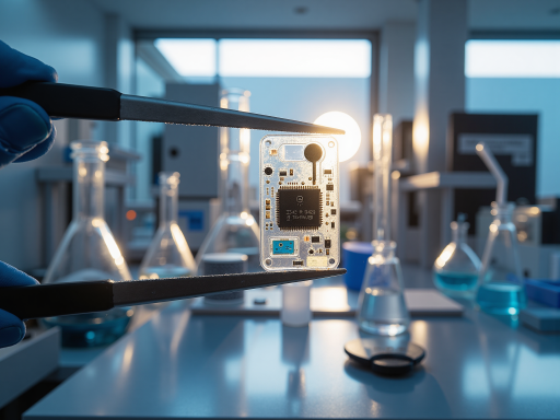 Custom designed LCM module prototype being tested by engineer, showing unique shape and specifications, laboratory environment