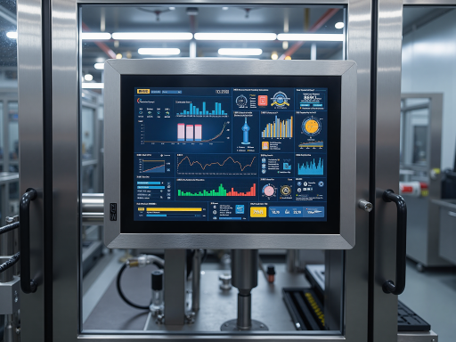 High precision LCM touch screen module on manufacturing workbench with technical instruments, blue background