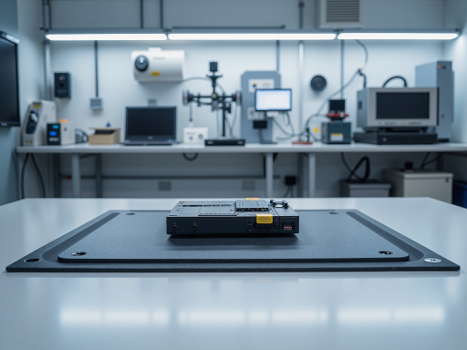 High resolution LCM module with detailed circuit patterns visible, placed on laboratory table with technical equipment, professional lighting