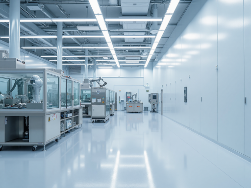 Modern manufacturing facility with automated production line and quality control equipment, clean room environment, bright industrial lighting